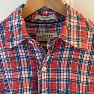 Orvis shirt Men’s M Long Sleeve plaid 100% Linen Multicolor pocket summer beach